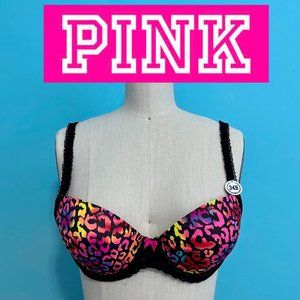 😍 NWT BEAUTIFUL PINK RAINBOW LEOPARD PRINT PUSH UP DENIM BRA 34B LACE TRIM 😍